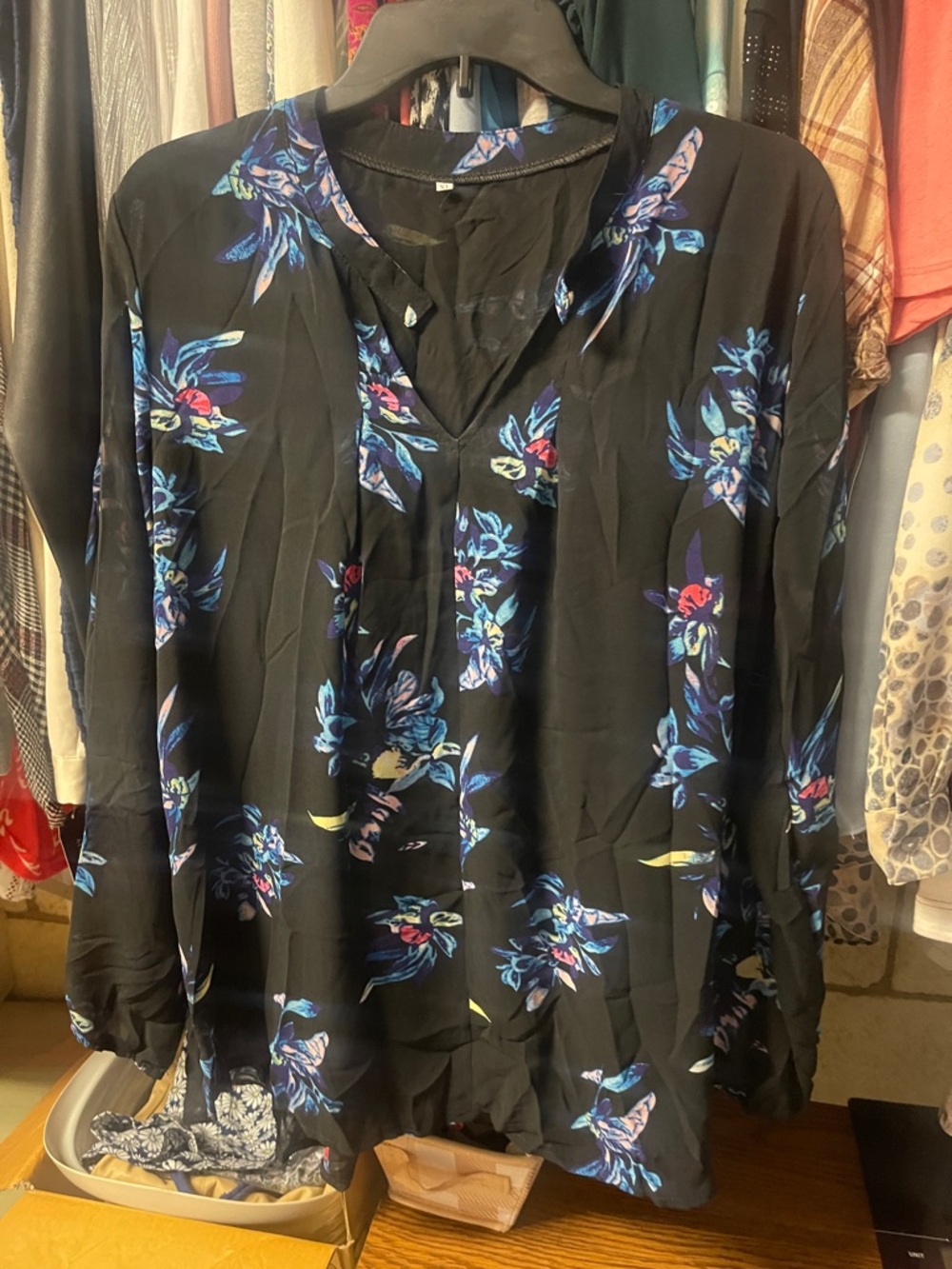 Black Floral V-Neck Women's Blouse